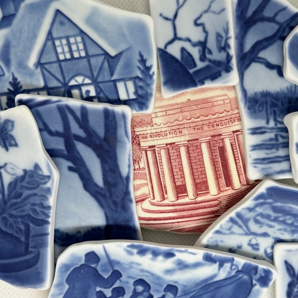 PREMIUM blue and white Tumbled Pottery shards vintage china, pottery for crafting, and mosaics. Unique scenes & floral. You pick! Set 3