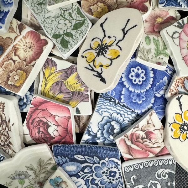 WOW! ALL 1”-2” FLORALS your choice. Premium Tumbled Pottery shards perfect for jewelry making, crafting and mosaics. You pick!