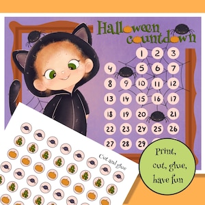 May include: A Halloween countdown calendar featuring a cartoon child in a black cat costume. The calendar has numbers 1-29, spiders, and a spiderweb design. Includes a sheet with cut-and-glue stickers of pumpkins, spiders, and haunted houses. Text reads "Print, cut, glue, have fun."