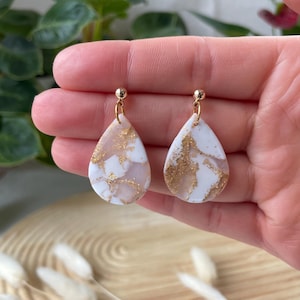 Pure Collection - Gold Drop Earrings - White, Clear, and Gold. Handmade
