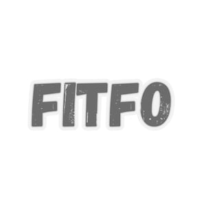 Może przedstawiać: Szara naklejka z tekstem "FITFO" w stylu vintage.