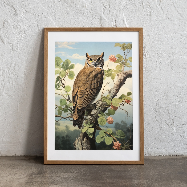 Printable Bird Art Great Horned Owl Wall Art Digital Download Rustic