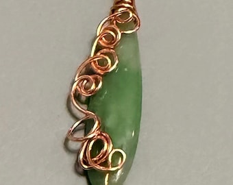 Handmade Copper Wire Wrapped Jade Pendant on Black Silk Cord