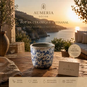 Pot de Fleur en Céramique Bleu et Blanc pour Olivier –Cache-Pot Méditerranéen Décoratif, Ceramic Planter Wabi Sabi, Farmhouse  Cottage Decor