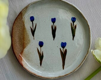 Handmade hand drawing plate with tulips