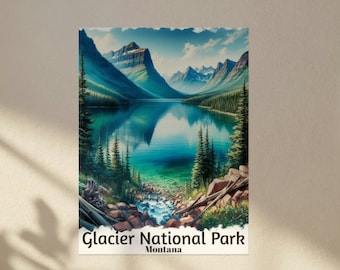 McDonald Lake, Glacier National Park Textured Watercolor Matte Poster, Watercolor Painting poster