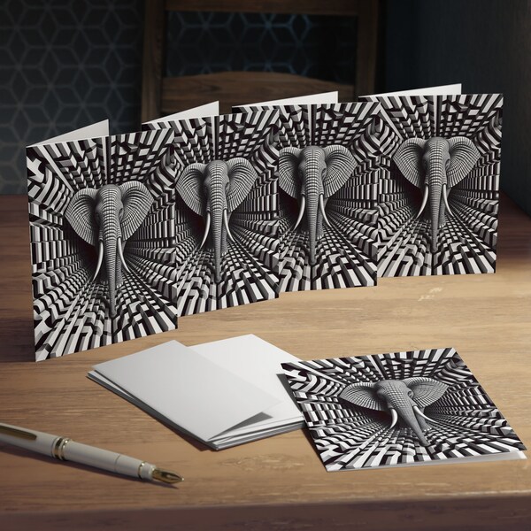 Mesmerizing Monochrome Elephant Optical Illusion Blank Greeting Cards 5 pack
