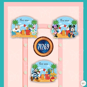 May include: A light pink background features three cartoon beach scenes with Disney characters, including Donald Duck, Daisy Duck, Mickey Mouse, Minnie Mouse, Goofy, and Pluto. Each scene has the text "TEXT HERE". A brown circle with the number "71269" is in the center.