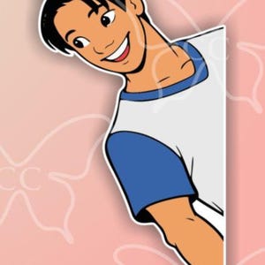 May include: A cartoon illustration of a smiling sailor wearing a white hat with blue stripes and an anchor emblem. The sailor is wearing a white and blue shirt. The image is 7" x 12".