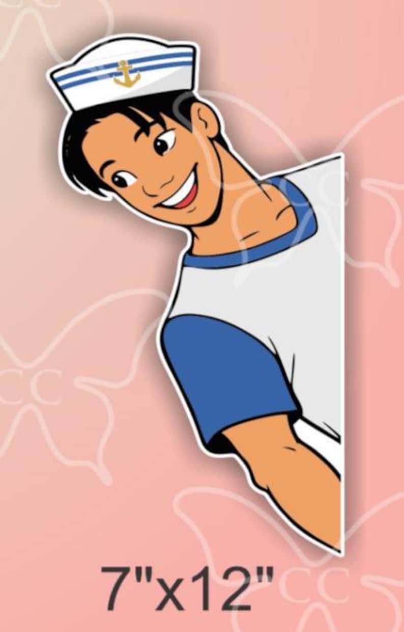 May include: A cartoon illustration of a smiling sailor wearing a white hat with blue stripes and an anchor emblem. The sailor is wearing a white and blue shirt. The image is 7" x 12".