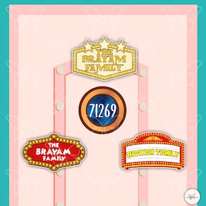 Puede incluir: Tres letreros rectangulares y arqueados con el texto THE BRAYAM FAMILY en varios tipos de letra y estilos, junto a un emblema circular con un centro azul oscuro y el número blanco 71269, sobre un fondo de color rosa claro.
