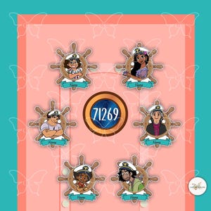 May include: A digital illustration featuring six character portraits in sailor hats, each set within a ship's wheel design. Each portrait has a banner below with the word "Name". A central circle displays the number "71269". The background is pink and teal.