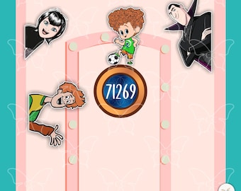 May include: A rectangular light pink door frame with a circular center containing the number 71269. Four cartoon characters are positioned around the frame, including a girl with black hair, a boy with curly red hair playing soccer, a man in a suit, and a boy with orange hair.