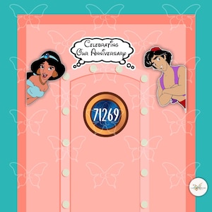 May include: A pink door design featuring cartoon characters Jasmine and Aladdin, with the text "Celebrating Our Anniversary." The door has a circular emblem with the number 71269. Decorative butterfly accents surround the door.