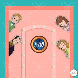 May include: A pink background with cartoon characters peeking from the sides. The characters are from a children's animated series. The center features a door with the number "71269" in a circular frame. Decorative butterfly shapes are scattered across the background.