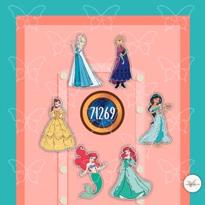 May include: A set of six princess character stickers featuring Ariel, Belle, Cinderella, Elsa, Jasmine, and Rapunzel. The stickers are on a pink background with a gold circle containing the number 71269.
