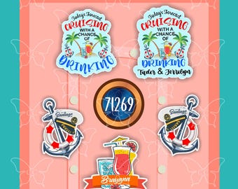 May include: A collection of five die-cut stickers featuring nautical and vacation themes. Designs include palm trees, anchors, life preservers, and tropical drinks with text reading Today's Forecast Cruising With A Chance Of Drinking, Tader & Jerrilyn, Santiago, and Brayana.