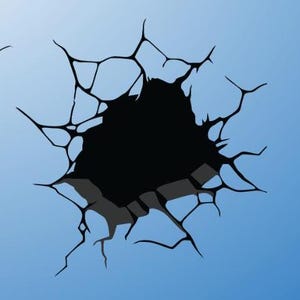 May include: A black crack in a blue wall. The crack is shaped like a jagged hole, with sharp edges and a rough texture.