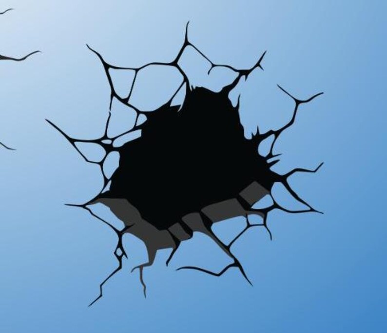 May include: A black crack in a blue wall. The crack is shaped like a jagged hole, with sharp edges and a rough texture.