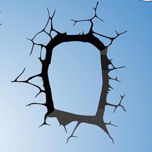 May include: A black silhouette of a cracked wall with a large hole in the center, against a light blue background.