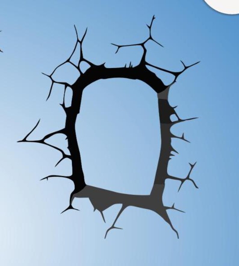May include: A black silhouette of a cracked wall with a large hole in the center, against a light blue background.