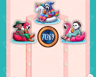 May include: Three stickers featuring horror characters relaxing on pool floats with drinks. One character wears a striped sweater, one wears a rainbow hoodie on a unicorn float, and one wears a jumpsuit. A central circular badge displays the number 71269.