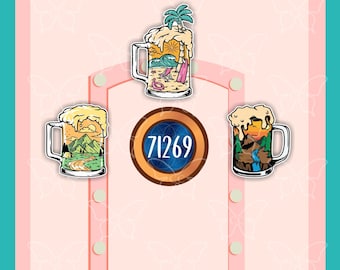 May include: Three beer mug stickers featuring illustrated scenes: a beach with a palm tree, a mountain landscape with a winding road, and a forest with a waterfall. A central circular badge displays the number 71269 in white on a blue background.