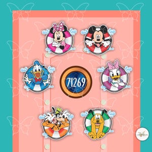 May include: Five colorful cartoon character magnets with a life preserver design. The characters are Mickey Mouse, Minnie Mouse, Donald Duck, Goofy, and Pluto. The magnets are on a pink background with a gold circle in the center that says "71269".