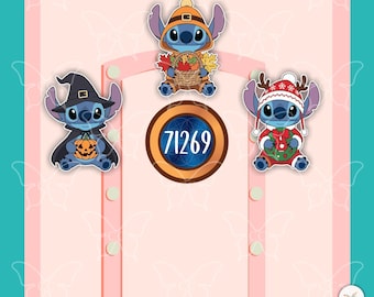 May include: Three blue alien character stickers arranged around a central circular emblem with the number 71269. One sticker shows the character in a witch hat holding a pumpkin, another in an autumn hood with a basket, and one in a winter hat.