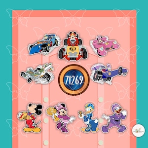 May include: A collection of cartoon character stickers featuring race cars and characters like Mickey Mouse, Minnie Mouse, Donald Duck, and Daisy Duck. The stickers are set against a pink background with a teal border and butterfly accents.