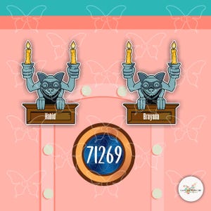 May include: A whimsical design featuring two gray gargoyles holding lit candles, with the names "Habid" and "Brayana" on plaques. A circular emblem displays the number "71269" in a blue geometric pattern, set against a pink background.