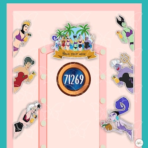May include: A pink and teal graphic featuring cartoon villains in swimwear, holding tropical drinks. The design includes the text "Your Text Here" on a banner and the number "71269" in a circular emblem. The background has a butterfly pattern.