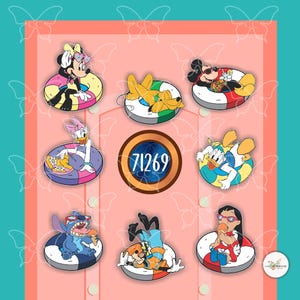 May include: Set of 7 colorful enamel pins featuring Disney characters enjoying a summer vacation. The pins feature Mickey Mouse, Minnie Mouse, Donald Duck, Goofy, Pluto, Stitch, and Lilo. Each pin is shaped like a life preserver and features a different character in a relaxed pose. The pins are perfect for adding a touch of Disney magic to your backpack, jacket, or bag.