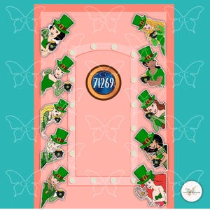 May include: A pink door with the number 71269 in a gold circle. Cartoon princesses wearing green St. Patrick's Day hats and holding pots of gold are positioned around the door frame. The background has butterfly and CC logos.