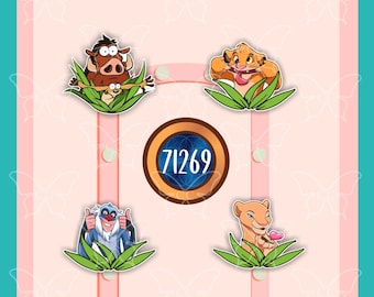 May include: Four cartoon character stickers featuring a warthog and meerkat, a lion cub making a face, a mandrill giving a thumbs up, and a lioness holding a heart, all emerging from green grass, with a central circular badge displaying 71269.