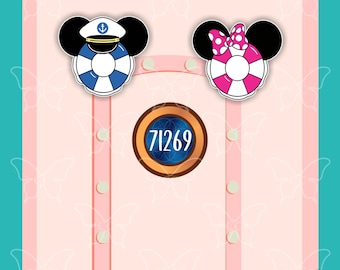 May include: Two circular character icons with black ears, one wearing a white sailor hat with a blue anchor and a blue and white life preserver, the other with a pink polka dot bow and a pink and white life preserver, above a porthole with 71269.