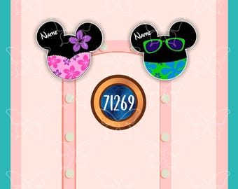 May include: Two mouse-shaped icons with the text Name, one featuring a purple flower and pink floral pattern, the other with green sunglasses and a blue and green floral pattern, centered above a circular brown emblem with the number 71269.