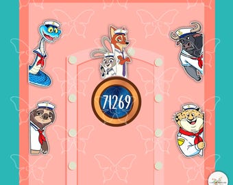 May include: A set of six cartoon character stickers featuring a blue snake, a rabbit, a fox, a bull, a sloth, and a cheetah, all wearing white sailor hats and red neckerchiefs, arranged around a central circular sign with the number 71269.