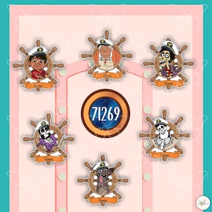 May include: A collection of colorful Coco-themed character stickers, each set within a ship's wheel design. The stickers feature various characters, including a dog, and the number "71269" is displayed in a central circle. Each sticker has a banner that says "Name".