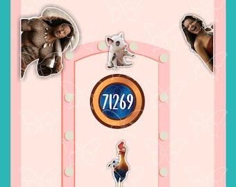 May include: A pink rectangular graphic featuring a central arched doorway design with a circular blue emblem displaying the number 71269. The image includes cutouts of a muscular tattooed man, a small pig, a woman, and a rooster arranged around it.