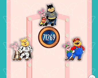 May include: A light pink door graphic featuring a central circular plaque with the number 71269. Three pairs of cartoon characters are arranged around the plaque: Piglet and Winnie the Pooh dressed as Batman and Robin, Jedi and Stormtrooper, and Mario and Luigi.