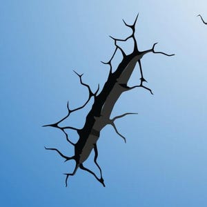 May include: A black crack in a blue wall, resembling a tree branch with many thin branches extending out from the main crack.