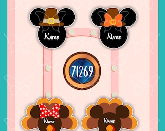 May include: Four decorative cutouts featuring two black mouse-shaped silhouettes with pilgrim hats and bows, and two turkey-shaped silhouettes with red and white polka dot bows. A central circular emblem displays the number 71269. Each has a Name label.