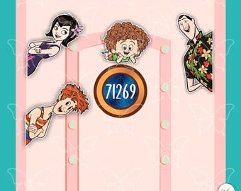 May include: A rectangular pink door frame with a circular center window displaying the number 71269. Four cartoon characters are positioned around the frame: a woman with black hair, a red-haired child, a man in a floral shirt, and a red-haired youth.