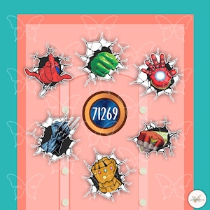May include: A pink background with superhero-themed graphics. The design includes images of Spider-Man, Hulk's hand, Iron Man's hand, Black Panther, Captain America's fist, and Thanos' gauntlet, all breaking through the surface. A circular emblem displays the number 71269.