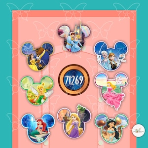 May include: A set of ten Disney princess themed Mickey Mouse ears. Each ear features a different princess, including Cinderella, Belle, Ariel, Jasmine, Rapunzel, Snow White, Tiana, Mulan, Pocahontas, and Aurora. The ears are all in different colors and have different details, such as glitter, sequins, and bows.
