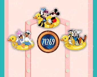 May include: Three stickers featuring Disney characters on yellow duck pool floats. One shows Minnie and Mickey, another Daisy and Donald, and the third Pluto and Goofy. All wear sunglasses. A central circular emblem displays the number 71269.