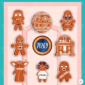 May include: A collection of gingerbread cookies in the shape of Star Wars characters, including Darth Vader, R2-D2, and Chewbacca. The cookies are brown with white icing details. A circular emblem with the number 71269 is in the center.