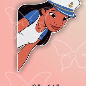 May include: A sticker featuring a cartoon illustration of a person wearing a white sailor hat with a gold anchor emblem. The person is wearing a white top with blue sleeves. The sticker measures 9" x 11".