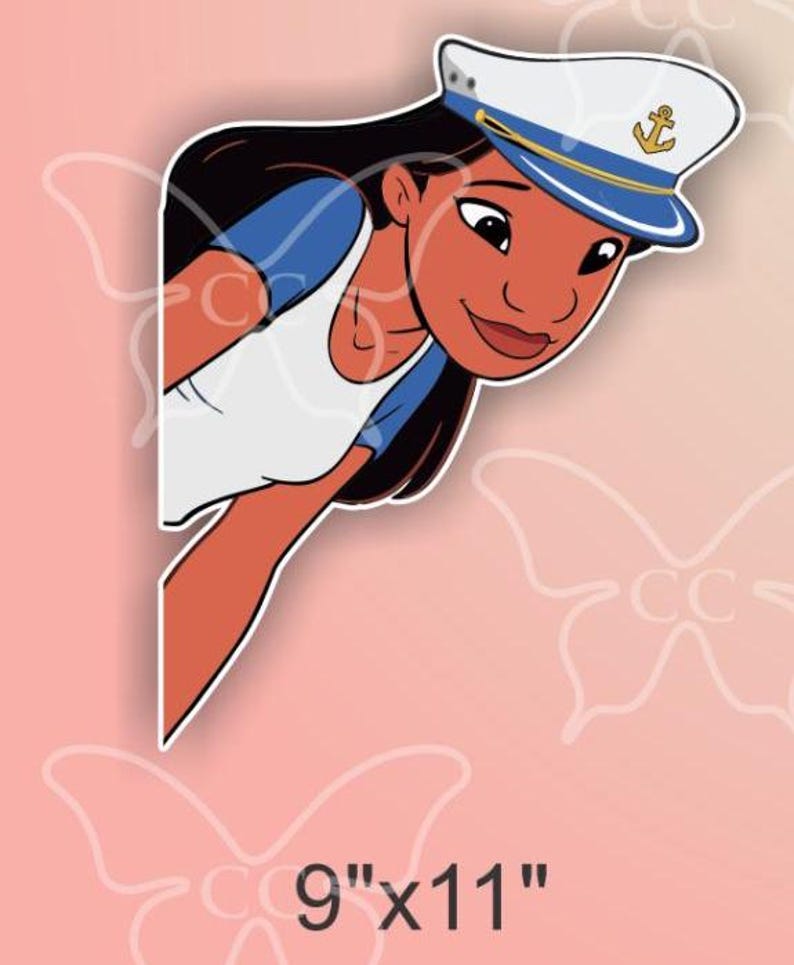 May include: A sticker featuring a cartoon illustration of a person wearing a white sailor hat with a gold anchor emblem. The person is wearing a white top with blue sleeves. The sticker measures 9" x 11".